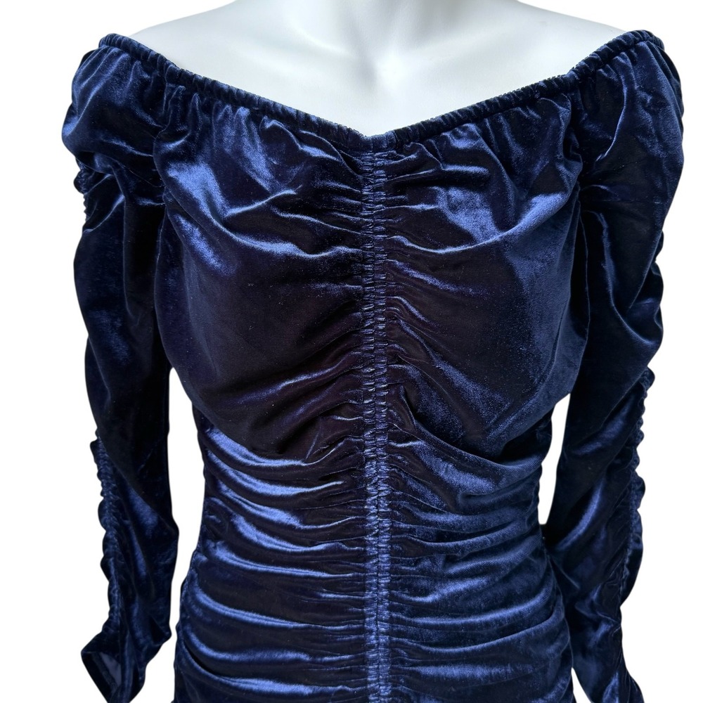 Venus Regal Blue Velvet Top Sz 8 Ruched Nonslip Off Shoulder Long Slv Whimsigoth